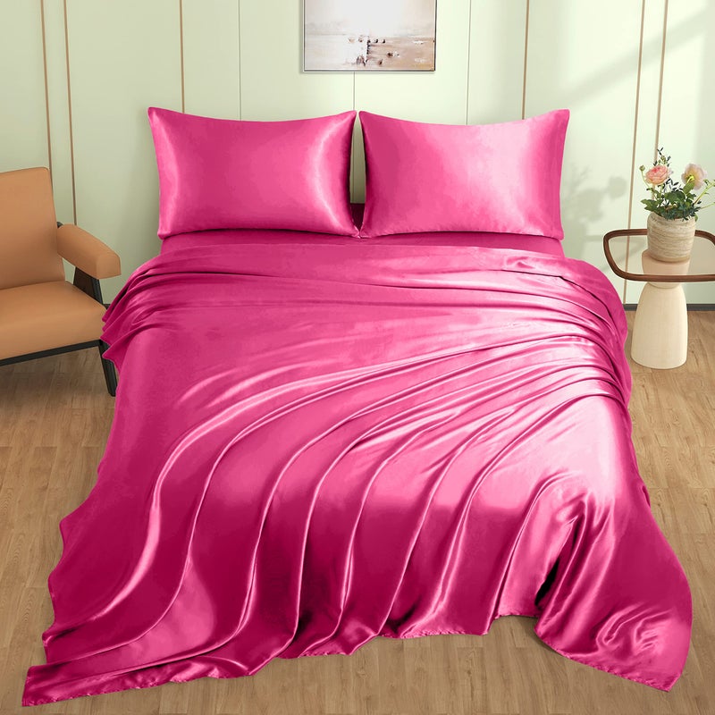 VACVELT 4pcs Hot Pink Satin Sheets Queen Size Bed Set  15 Inch Deep Pocket Silky Satin Sheet Set  Soft Satin Bedding Set Cooling & Luxury Bed Sheets  1 Fitted Sheet + 1 Flat Sheet + 2 Pillowcases - Image 2